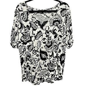 LRL Ralph Lauren Linen Top Plus 3X Lightweight Monochrome Boho Paisley Floral